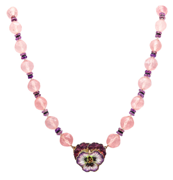 -Art Nouveau 1905 Enamel Pansy Flower Necklace In 14Kt Gold With Pink Quartz