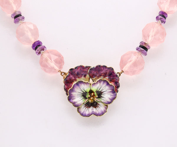 -Art Nouveau 1905 Enamel Pansy Flower Necklace In 14Kt Gold With Pink Quartz