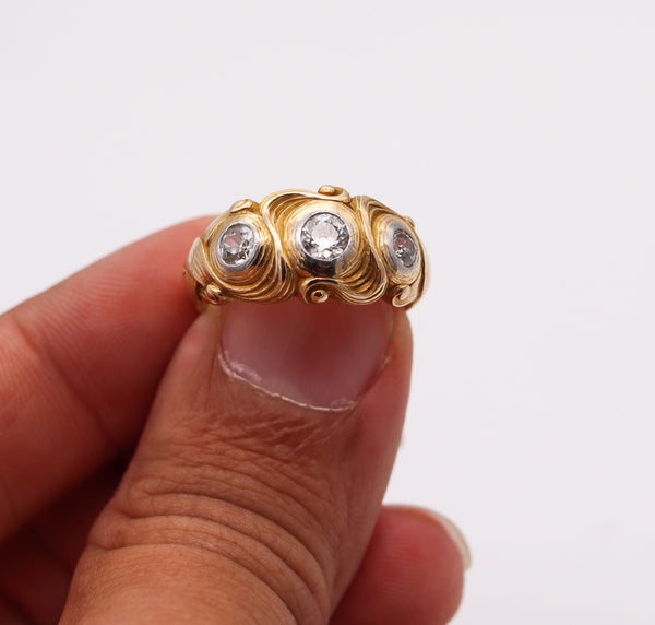 ART NOUVEAU 1900 Floriated Scrolls Ring In Sculpted 14Kt Yellow Gold And Diamonds