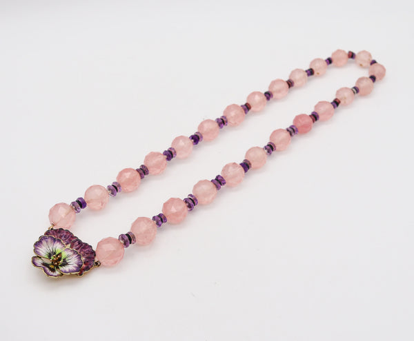 -Art Nouveau 1905 Enamel Pansy Flower Necklace In 14Kt Gold With Pink Quartz