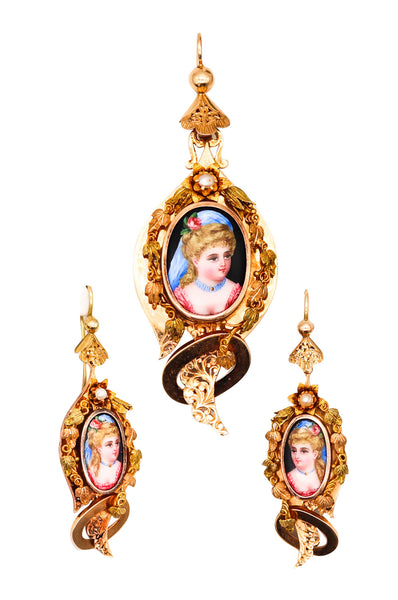 -French 1860 Convertible Parure Of Earrings And Pendant In 18Kt Gold With Limoge Enamels