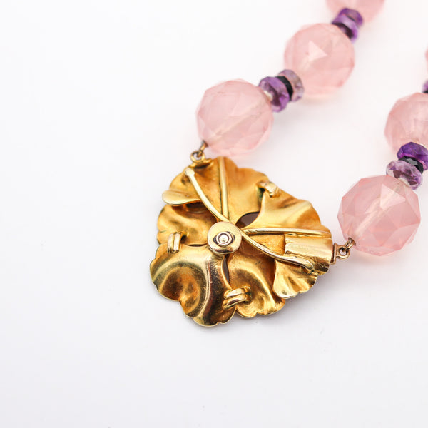 -Art Nouveau 1905 Enamel Pansy Flower Necklace In 14Kt Gold With Pink Quartz