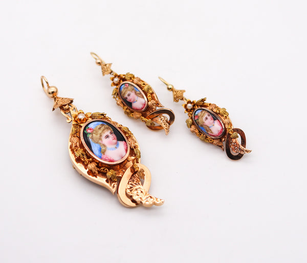 -French 1860 Convertible Parure Of Earrings And Pendant In 18Kt Gold With Limoge Enamels
