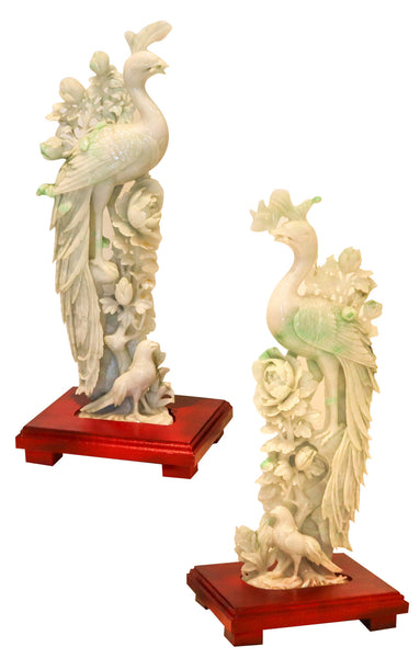CHINESE 1930 Exceptional Pair of Sculpted Paradise Birds Carved In Green Jade
