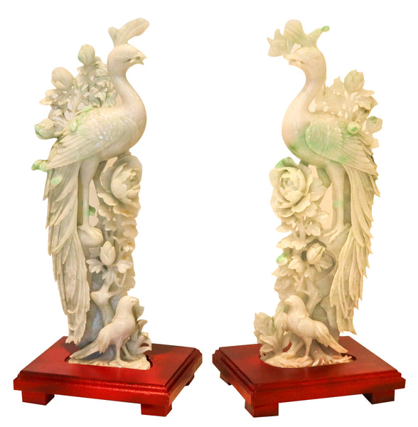CHINESE 1930 Exceptional Pair of Sculpted Paradise Birds Carved In Green Jade
