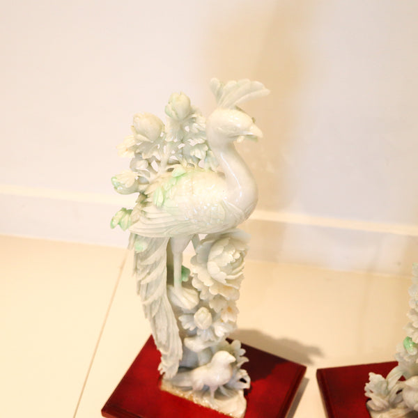 CHINESE 1930 Exceptional Pair of Sculpted Paradise Birds Carved In Green Jade