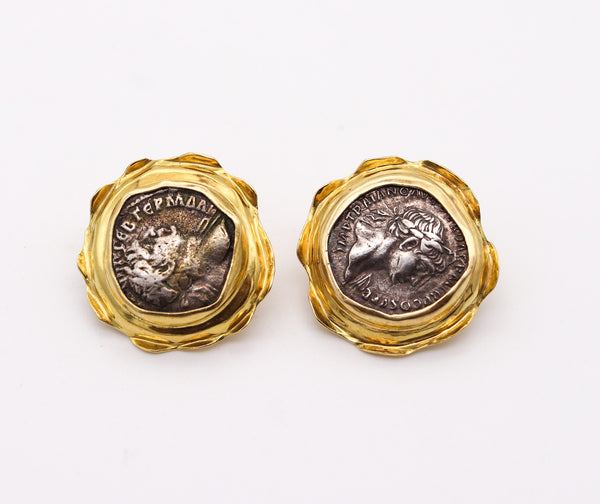 ANCIENT ROME 98-117 AD Denarius Coins Clips-On Earrings In 18Kt Yellow Gold