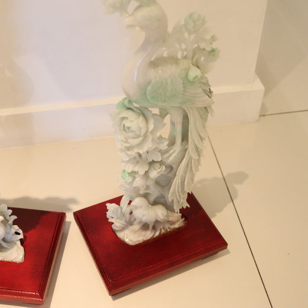 CHINESE 1930 Exceptional Pair of Sculpted Paradise Birds Carved In Green Jade