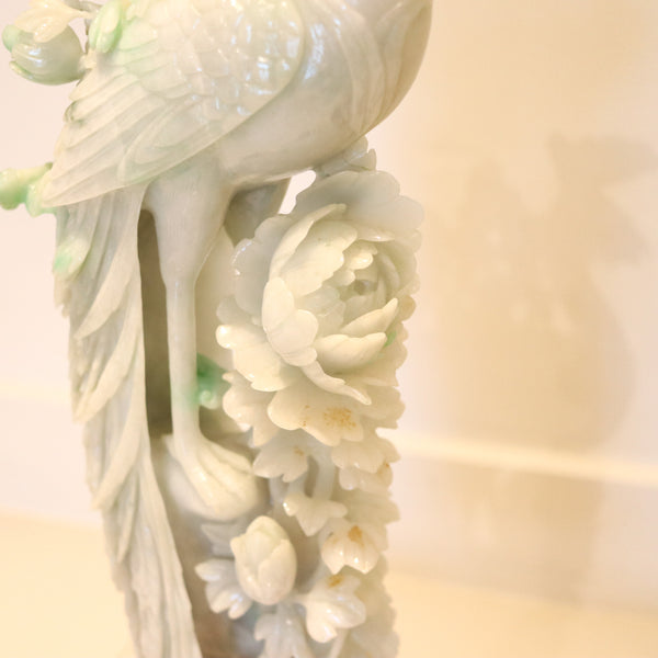 CHINESE 1930 Exceptional Pair of Sculpted Paradise Birds Carved In Green Jade
