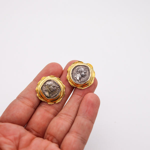 ANCIENT ROME 98-117 AD Denarius Coins Clips-On Earrings In 18Kt Yellow Gold