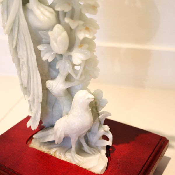 CHINESE 1930 Exceptional Pair of Sculpted Paradise Birds Carved In Green Jade