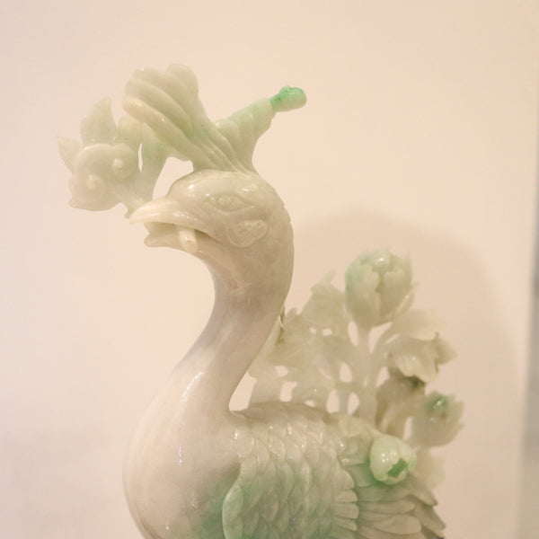 CHINESE 1930 Exceptional Pair of Sculpted Paradise Birds Carved In Green Jade