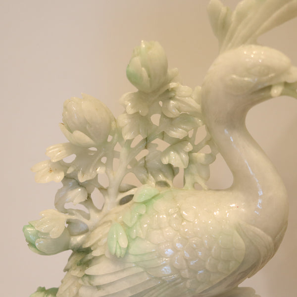 CHINESE 1930 Exceptional Pair of Sculpted Paradise Birds Carved In Green Jade