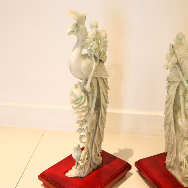 CHINESE 1930 Exceptional Pair of Sculpted Paradise Birds Carved In Green Jade