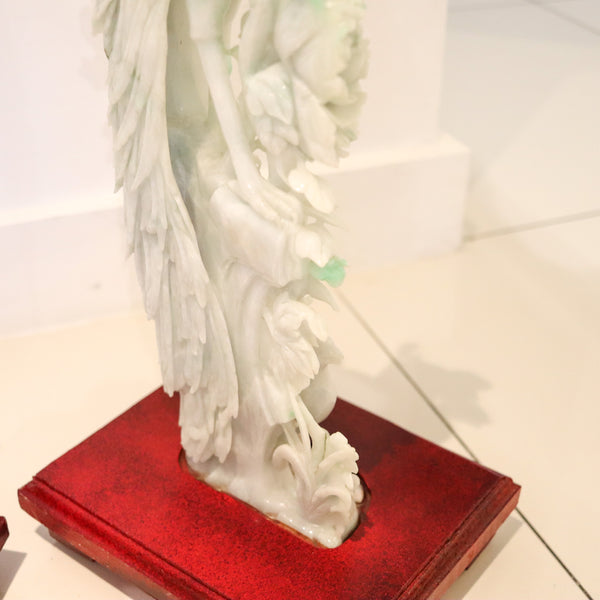 CHINESE 1930 Exceptional Pair of Sculpted Paradise Birds Carved In Green Jade
