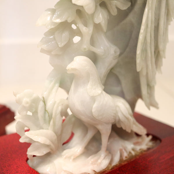 CHINESE 1930 Exceptional Pair of Sculpted Paradise Birds Carved In Green Jade