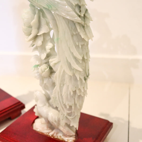 CHINESE 1930 Exceptional Pair of Sculpted Paradise Birds Carved In Green Jade