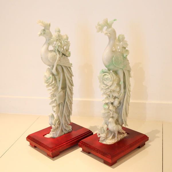 CHINESE 1930 Exceptional Pair of Sculpted Paradise Birds Carved In Green Jade