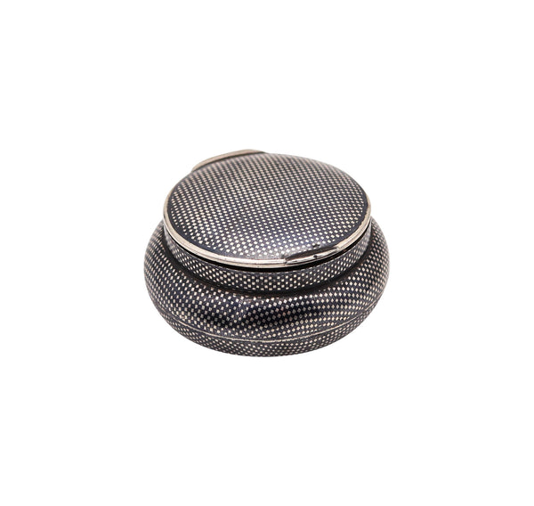 French 1900 Round Bombe Snuff Box With Niello Checkerboard Design In 900 Silver