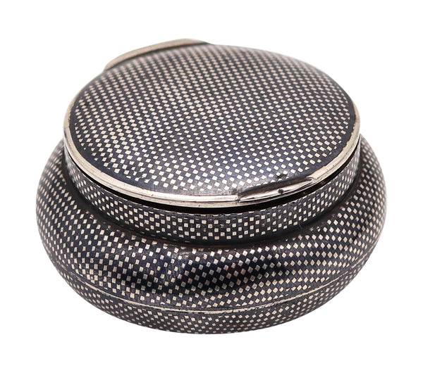 French 1900 Round Bombe Snuff Box With Niello Checkerboard Design In 900 Silver