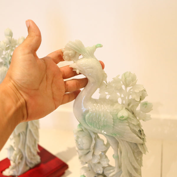 CHINESE 1930 Exceptional Pair of Sculpted Paradise Birds Carved In Green Jade