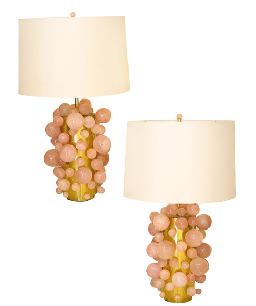 MODERNIST Pair of Artistic Table-Side Lamps In Gilt Bronze With Pink Quartz Spheres