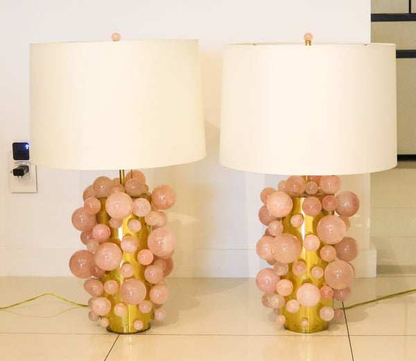 MODERNIST Pair of Artistic Table-Side Lamps In Gilt Bronze With Pink Quartz Spheres
