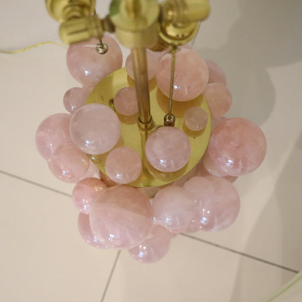 MODERNIST Pair of Artistic Table-Side Lamps In Gilt Bronze With Pink Quartz Spheres