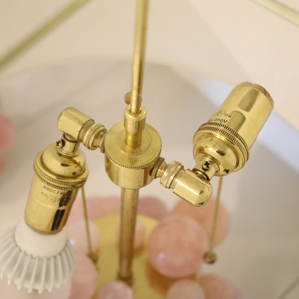 MODERNIST Pair of Artistic Table-Side Lamps In Gilt Bronze With Pink Quartz Spheres