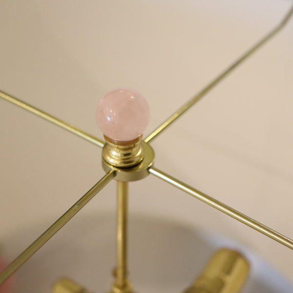 MODERNIST Pair of Artistic Table-Side Lamps In Gilt Bronze With Pink Quartz Spheres
