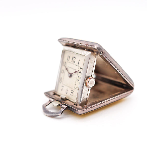 LeCoultre 1920 Travel Pendant Desk Clock In Sterling Silver With Guilloche Enamel