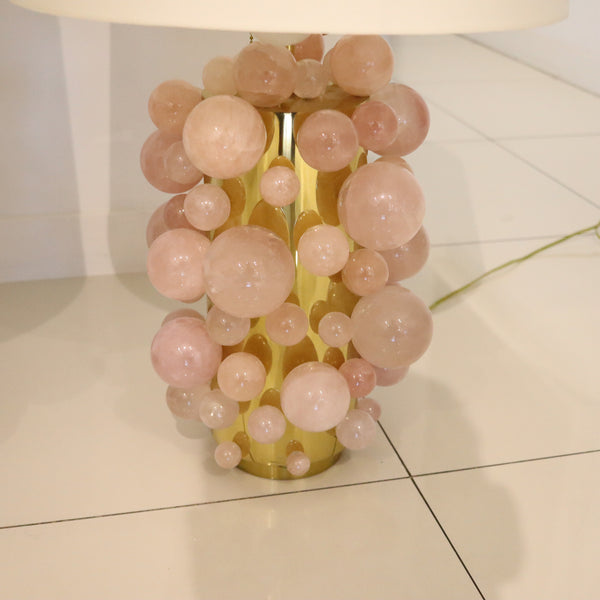 MODERNIST Pair of Artistic Table-Side Lamps In Gilt Bronze With Pink Quartz Spheres