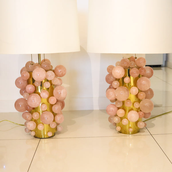 MODERNIST Pair of Artistic Table-Side Lamps In Gilt Bronze With Pink Quartz Spheres