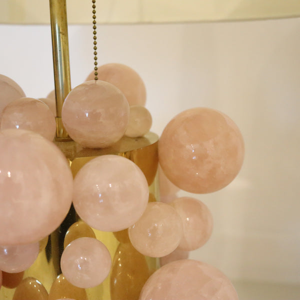 MODERNIST Pair of Artistic Table-Side Lamps In Gilt Bronze With Pink Quartz Spheres