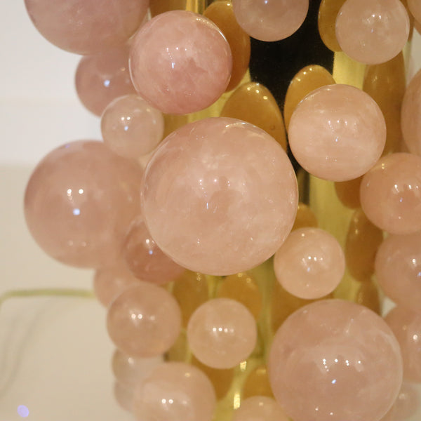 MODERNIST Pair of Artistic Table-Side Lamps In Gilt Bronze With Pink Quartz Spheres