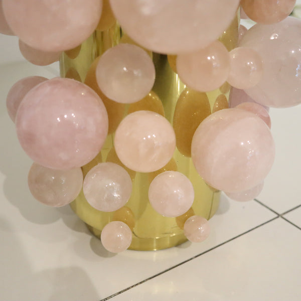 MODERNIST Pair of Artistic Table-Side Lamps In Gilt Bronze With Pink Quartz Spheres