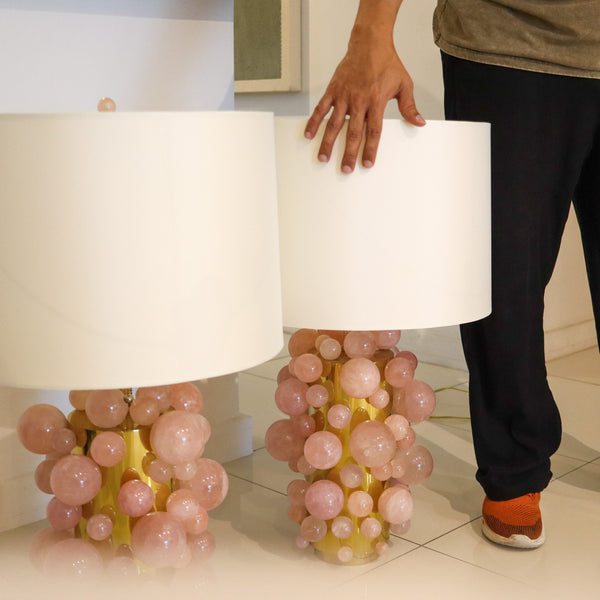 MODERNIST Pair of Artistic Table-Side Lamps In Gilt Bronze With Pink Quartz Spheres