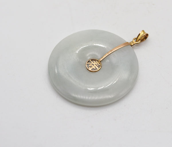 ORIENTALISM Carved White-Green Jade Pendant Mounted In 14Kt Yellow Gold