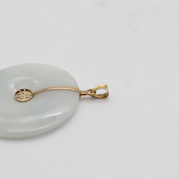 ORIENTALISM Carved White-Green Jade Pendant Mounted In 14Kt Yellow Gold