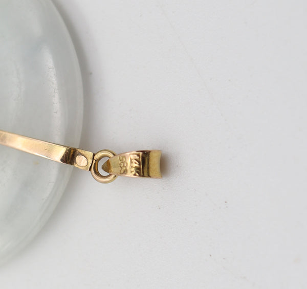 ORIENTALISM Carved White-Green Jade Pendant Mounted In 14Kt Yellow Gold