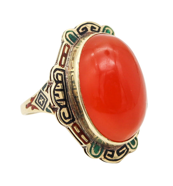 AMERICAN 1920 Art-Deco Enameled Cocktail Ring In 14Kt Gold With Carnelian