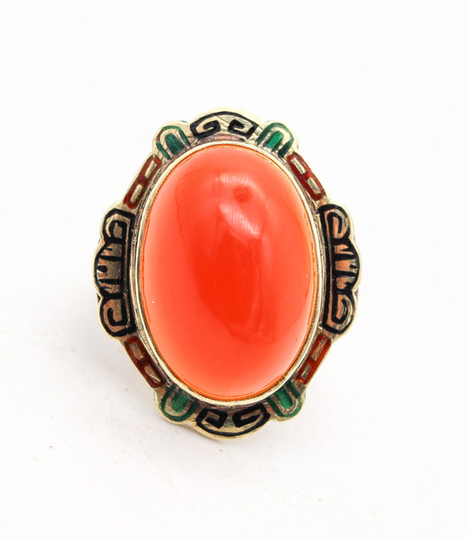 AMERICAN 1920 Art-Deco Enameled Cocktail Ring In 14Kt Gold With Carnelian