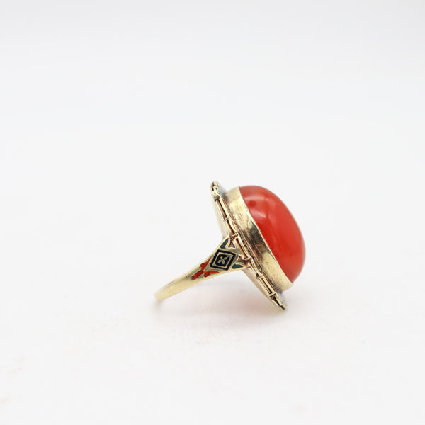 AMERICAN 1920 Art-Deco Enameled Cocktail Ring In 14Kt Gold With Carnelian