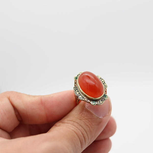 AMERICAN 1920 Art-Deco Enameled Cocktail Ring In 14Kt Gold With Carnelian
