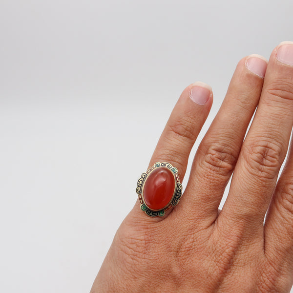 AMERICAN 1920 Art-Deco Enameled Cocktail Ring In 14Kt Gold With Carnelian