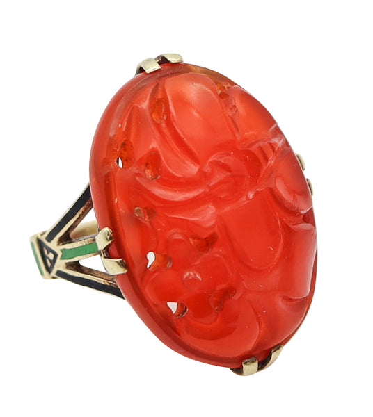 AMERICAN 1925 Art-Deco Cocktail Ring In 14Kt With Chinoiserie Carved Carnelian