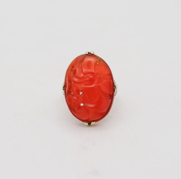 AMERICAN 1925 Art-Deco Cocktail Ring In 14Kt With Chinoiserie Carved Carnelian