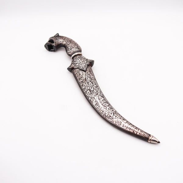 +Turkish Arab 1850 Damascene Silver And Niello Waist Short Dagger With Sheath In Forged Steel