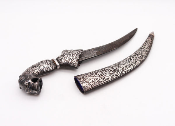 +Turkish Arab 1850 Damascene Silver And Niello Waist Short Dagger With Sheath In Forged Steel