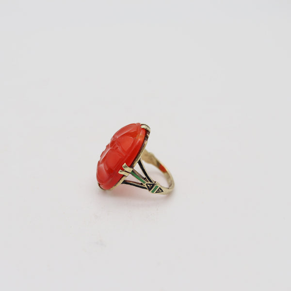 AMERICAN 1925 Art-Deco Cocktail Ring In 14Kt With Chinoiserie Carved Carnelian